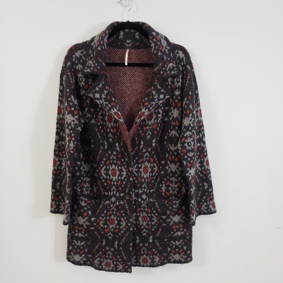 Free People Navajo Style Alpaca Wool Blend Blazer Cardigan Sz M Red Grey - Picture 2 of 11